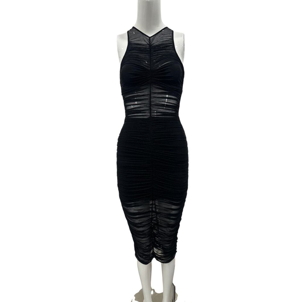 Fleur Du Mal Sheer Ruched Sleeveless Midi Sheath Dress Black Women's Size XS